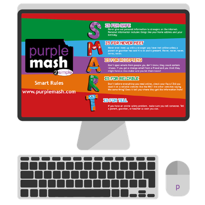 A desktop displaying a SMART internet safety poster from Purple Mash by 2Simple Ltd