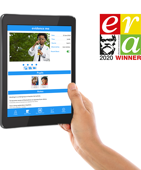 A tablet showing an KS2 observation being captured on Evidence Me, with the ERA 2020 Awards logo by 2Simple Ltd