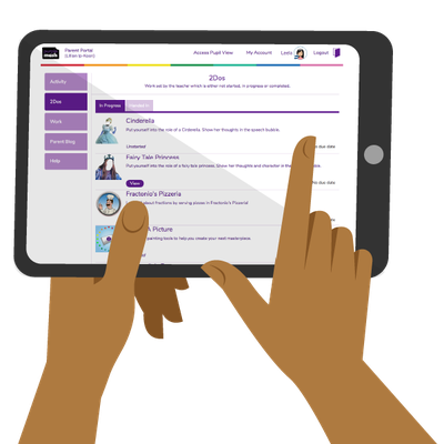 A tablet showing the 2Dos homework system from Purple Mash by 2Simple Ltd