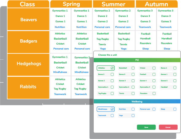 Screenshot showing PE scheme of work planner from Striver by 2Simple Ltd