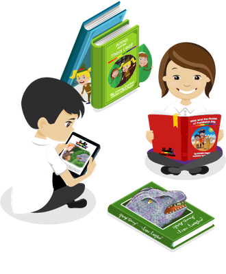 Two primary school children reading Serial Mash books by 2Simple Ltd