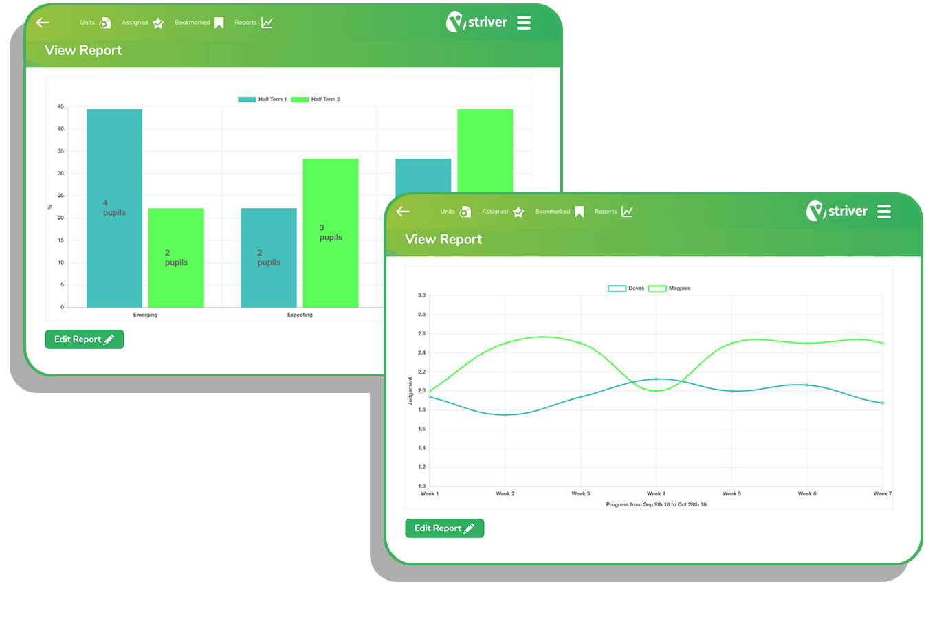 Screenshots showing PE assessment reports from Striver by 2Simple Ltd