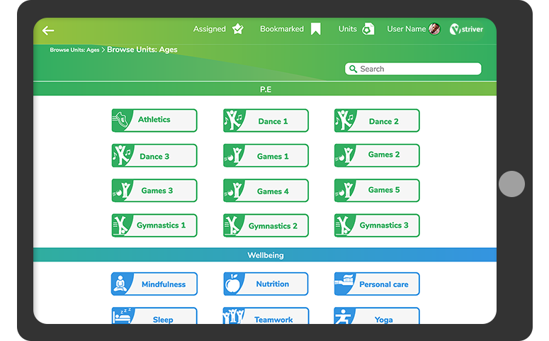 A tablet showing the Striver PE scheme of work by 2Simple Ltd